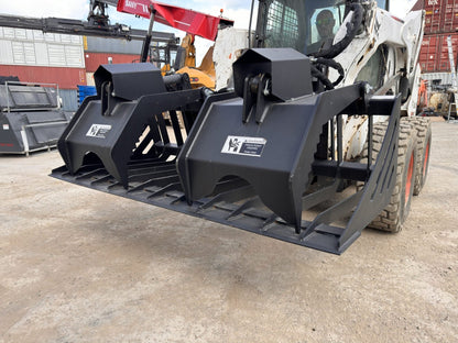 72" hydraulic grapple bucket on skid steer

Skid steer rock grapple front view

Close-up of grapple teeth and hoses

Dual-cylinder grapple open position

Grapple attachment lifting heavy debris