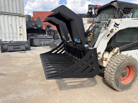 72" hydraulic grapple bucket on skid steer

Skid steer rock grapple front view

Close-up of grapple teeth and hoses

Dual-cylinder grapple open position

Grapple attachment lifting heavy debris