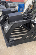 72" hydraulic grapple bucket on skid steer

Skid steer rock grapple front view

Close-up of grapple teeth and hoses

Dual-cylinder grapple open position

Grapple attachment lifting heavy debris