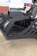 72" hydraulic grapple bucket on skid steer

Skid steer rock grapple front view

Close-up of grapple teeth and hoses

Dual-cylinder grapple open position

Grapple attachment lifting heavy debris