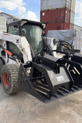 72" hydraulic grapple bucket on skid steer

Skid steer rock grapple front view

Close-up of grapple teeth and hoses

Dual-cylinder grapple open position

Grapple attachment lifting heavy debris