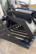 72" hydraulic grapple bucket on skid steer

Skid steer rock grapple front view

Close-up of grapple teeth and hoses

Dual-cylinder grapple open position

Grapple attachment lifting heavy debris