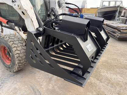 72" hydraulic grapple bucket on skid steer

Skid steer rock grapple front view

Close-up of grapple teeth and hoses

Dual-cylinder grapple open position

Grapple attachment lifting heavy debris