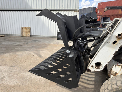 72" hydraulic grapple bucket on skid steer

Skid steer rock grapple front view

Close-up of grapple teeth and hoses

Dual-cylinder grapple open position

Grapple attachment lifting heavy debris
