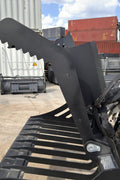 72" hydraulic grapple bucket on skid steer

Skid steer rock grapple front view

Close-up of grapple teeth and hoses

Dual-cylinder grapple open position

Grapple attachment lifting heavy debris