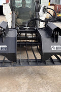 72" hydraulic grapple bucket on skid steer

Skid steer rock grapple front view

Close-up of grapple teeth and hoses

Dual-cylinder grapple open position

Grapple attachment lifting heavy debris