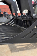 72" hydraulic grapple bucket on skid steer

Skid steer rock grapple front view

Close-up of grapple teeth and hoses

Dual-cylinder grapple open position

Grapple attachment lifting heavy debris