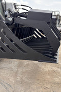 72" hydraulic grapple bucket on skid steer

Skid steer rock grapple front view

Close-up of grapple teeth and hoses

Dual-cylinder grapple open position

Grapple attachment lifting heavy debris