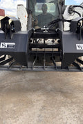 72" hydraulic grapple bucket on skid steer

Skid steer rock grapple front view

Close-up of grapple teeth and hoses

Dual-cylinder grapple open position

Grapple attachment lifting heavy debris