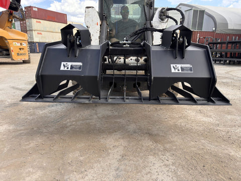 72" hydraulic grapple bucket on skid steer

Skid steer rock grapple front view

Close-up of grapple teeth and hoses

Dual-cylinder grapple open position

Grapple attachment lifting heavy debris
