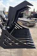 72" hydraulic grapple bucket on skid steer

Skid steer rock grapple front view

Close-up of grapple teeth and hoses

Dual-cylinder grapple open position

Grapple attachment lifting heavy debris