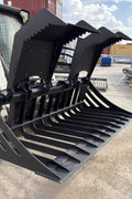 72" hydraulic grapple bucket on skid steer

Skid steer rock grapple front view

Close-up of grapple teeth and hoses

Dual-cylinder grapple open position

Grapple attachment lifting heavy debris