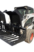72" hydraulic grapple bucket on skid steer

Skid steer rock grapple front view

Close-up of grapple teeth and hoses

Dual-cylinder grapple open position

Grapple attachment lifting heavy debris