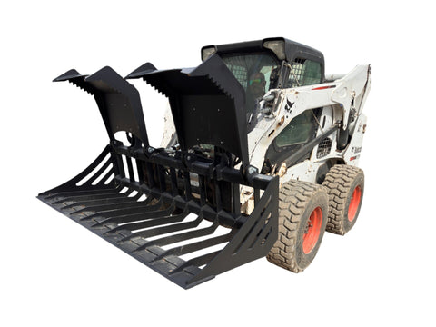 72" hydraulic grapple bucket on skid steer

Skid steer rock grapple front view

Close-up of grapple teeth and hoses

Dual-cylinder grapple open position

Grapple attachment lifting heavy debris
