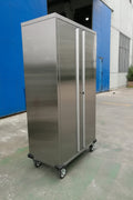 72 inch stainless steel rolling tool cabinet with dual locks

Industrial lockable storage cabinet on wheels

Powder-coated steel garage cabinet with smooth casters

Open view of tool cabinet with adjustable shelves

Heavy-duty mobile workshop cabinet with dual security locks