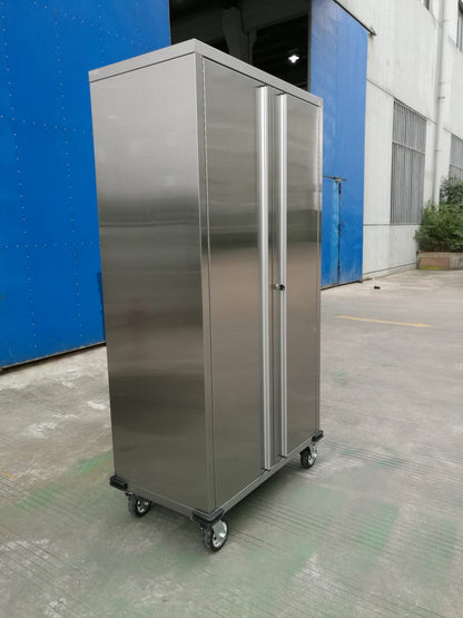 72 inch stainless steel rolling tool cabinet with dual locks

Industrial lockable storage cabinet on wheels

Powder-coated steel garage cabinet with smooth casters

Open view of tool cabinet with adjustable shelves

Heavy-duty mobile workshop cabinet with dual security locks