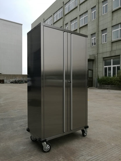 72 inch stainless steel rolling tool cabinet with dual locks

Industrial lockable storage cabinet on wheels

Powder-coated steel garage cabinet with smooth casters

Open view of tool cabinet with adjustable shelves

Heavy-duty mobile workshop cabinet with dual security locks