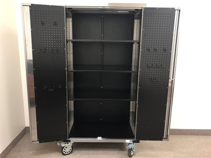 72 inch stainless steel rolling tool cabinet with dual locks

Industrial lockable storage cabinet on wheels

Powder-coated steel garage cabinet with smooth casters

Open view of tool cabinet with adjustable shelves

Heavy-duty mobile workshop cabinet with dual security locks