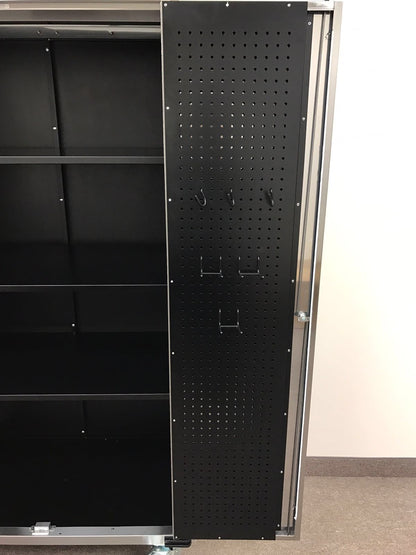 72 inch stainless steel rolling tool cabinet with dual locks

Industrial lockable storage cabinet on wheels

Powder-coated steel garage cabinet with smooth casters

Open view of tool cabinet with adjustable shelves

Heavy-duty mobile workshop cabinet with dual security locks