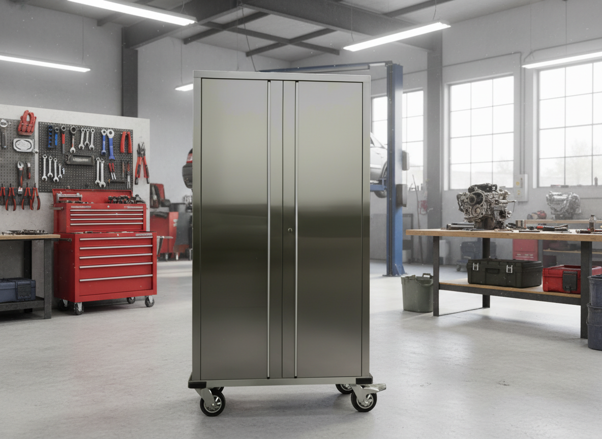 72 inch stainless steel rolling tool cabinet with dual locks

Industrial lockable storage cabinet on wheels

Powder-coated steel garage cabinet with smooth casters

Open view of tool cabinet with adjustable shelves

Heavy-duty mobile workshop cabinet with dual security locks
