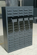 Front view of 75-drawer steel storage cabinet model S515DA
Industrial parts bin cabinet for bolts and screws
Wall-mountable 75-drawer metal tool storage cabinet
Heavy-duty steel cabinet with clear label drawers