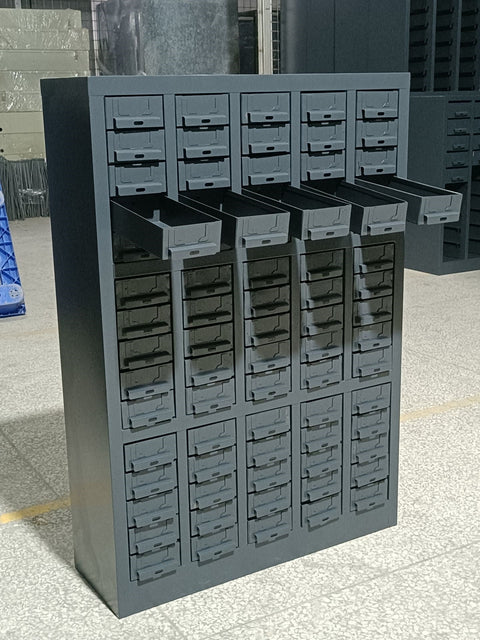 Front view of 75-drawer steel storage cabinet model S515DA
Industrial parts bin cabinet for bolts and screws
Wall-mountable 75-drawer metal tool storage cabinet
Heavy-duty steel cabinet with clear label drawers