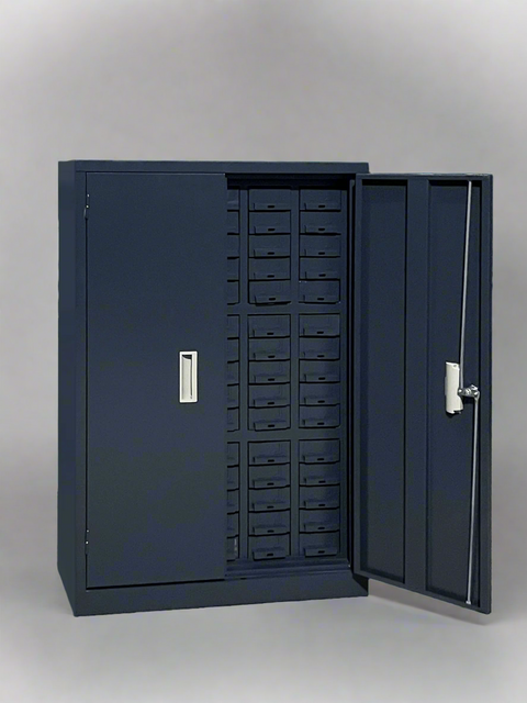 Front view of 75-drawer steel cabinet with locking doors – Model S515A
Heavy-duty metal cabinet with clear drawers and lockable doors
Secure bolt and screw organizer cabinet with 75 labeled bins