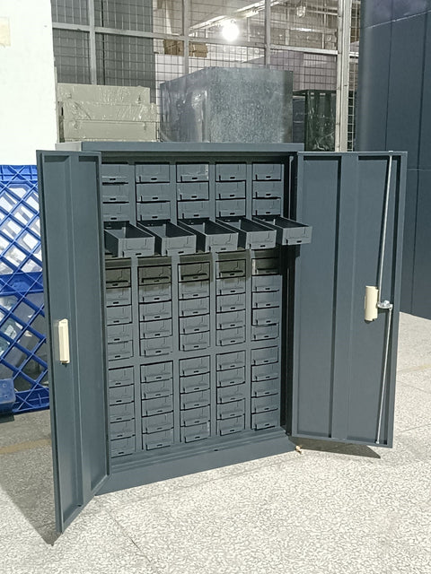 Front view of 75-drawer steel cabinet with locking doors – Model S515A
Heavy-duty metal cabinet with clear drawers and lockable doors
Secure bolt and screw organizer cabinet with 75 labeled bins