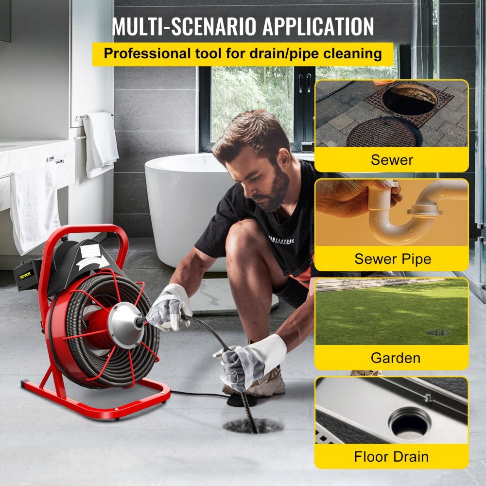 Electric 75 Ft Drain Cleaner Machine – Red
Plumbing Snake for Pipes and Drains – Professional Grade
Drain Cleaning Machine with Foot Pedal
Heavy-Duty Pipe Snake Equipment on Wheels
Close-Up of Steel Cable and Foot Pedal