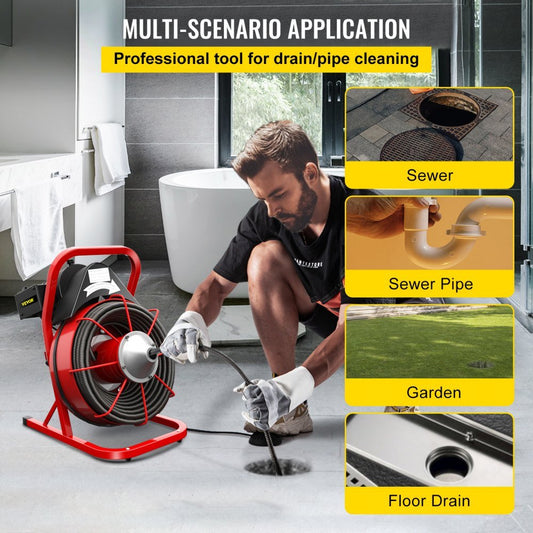 Electric 75 Ft Drain Cleaner Machine – Red
Plumbing Snake for Pipes and Drains – Professional Grade
Drain Cleaning Machine with Foot Pedal
Heavy-Duty Pipe Snake Equipment on Wheels
Close-Up of Steel Cable and Foot Pedal