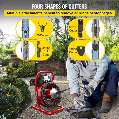 Electric 75 Ft Drain Cleaner Machine – Red
Plumbing Snake for Pipes and Drains – Professional Grade
Drain Cleaning Machine with Foot Pedal
Heavy-Duty Pipe Snake Equipment on Wheels
Close-Up of Steel Cable and Foot Pedal