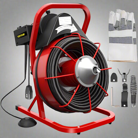 Electric 75 Ft Drain Cleaner Machine – Red
Plumbing Snake for Pipes and Drains – Professional Grade
Drain Cleaning Machine with Foot Pedal
Heavy-Duty Pipe Snake Equipment on Wheels
Close-Up of Steel Cable and Foot Pedal