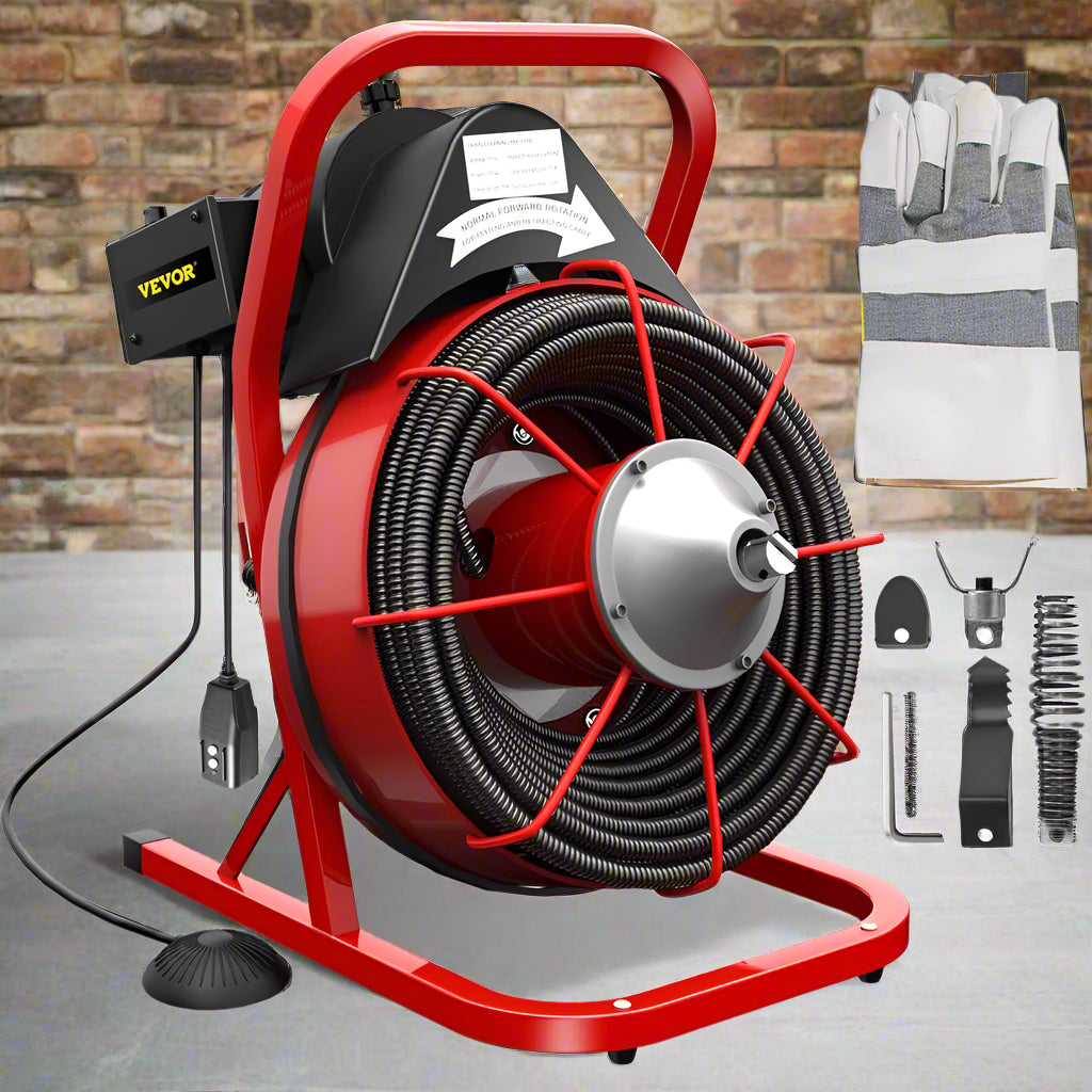 Electric 75 Ft Drain Cleaner Machine – Red
Plumbing Snake for Pipes and Drains – Professional Grade
Drain Cleaning Machine with Foot Pedal
Heavy-Duty Pipe Snake Equipment on Wheels
Close-Up of Steel Cable and Foot Pedal
