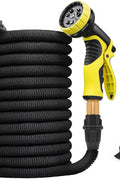 75 FT expandable black garden hose with yellow nozzle and hanger
Flexible garden hose kit with spray nozzle and connectors
75 foot tangle-free garden hose set for outdoor watering
Expandable hose retracts after use with wall hanger
4-in-1 lightweight hose kit with storage and accessories