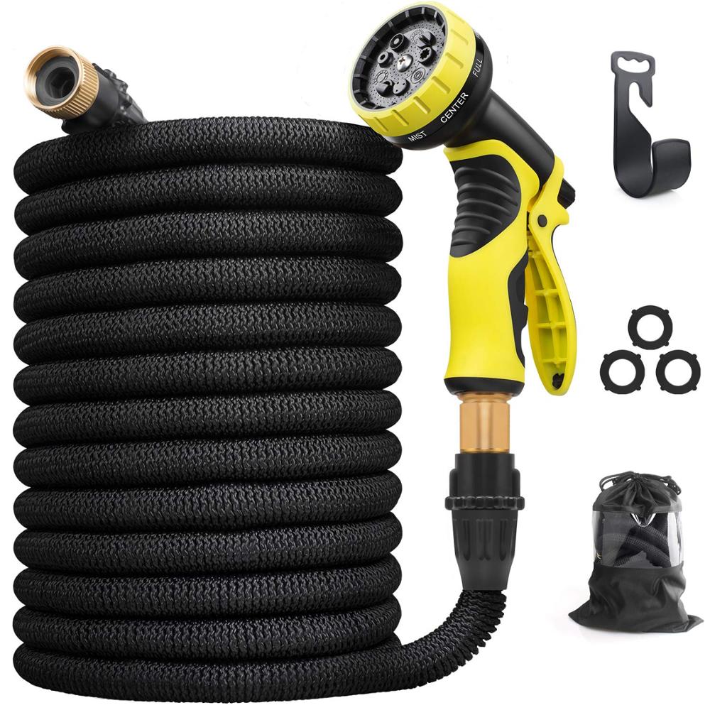 75 FT expandable black garden hose with yellow nozzle and hanger
Flexible garden hose kit with spray nozzle and connectors
75 foot tangle-free garden hose set for outdoor watering
Expandable hose retracts after use with wall hanger
4-in-1 lightweight hose kit with storage and accessories