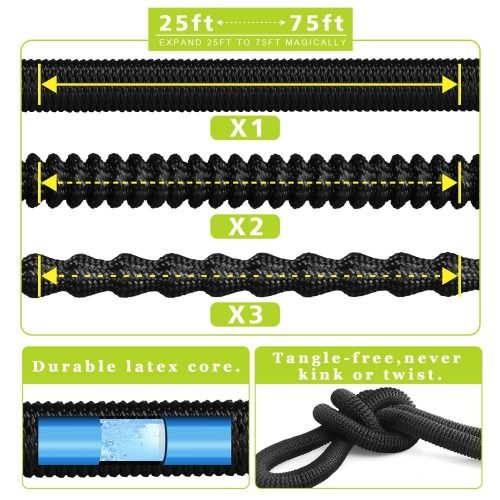 75 FT expandable black garden hose with yellow nozzle and hanger
Flexible garden hose kit with spray nozzle and connectors
75 foot tangle-free garden hose set for outdoor watering
Expandable hose retracts after use with wall hanger
4-in-1 lightweight hose kit with storage and accessories