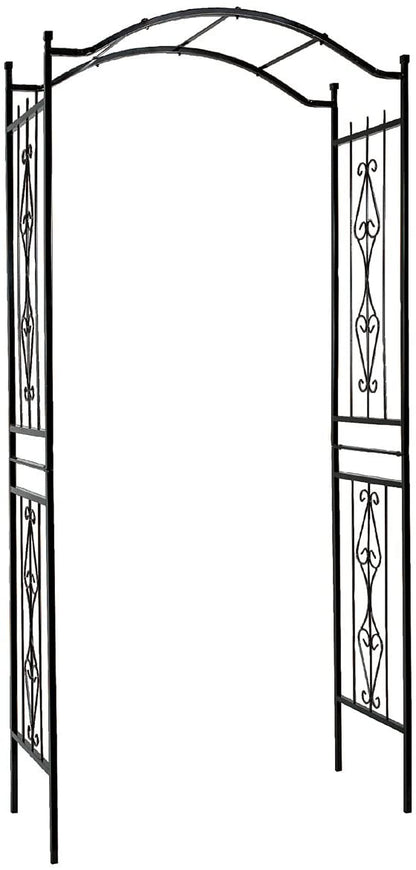 Black steel garden arbor arch in the outdoor lawn

Powder-coated metal trellis arch with decorative side panels

77-inch outdoor wedding arch for garden ceremonies

Steel arbor for roses and climbing vines

Decorative garden arch black steel frame assembled in the yard
