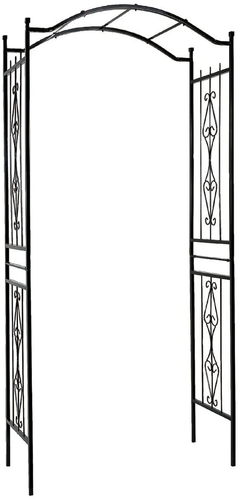 Black steel garden arbor arch in the outdoor lawn

Powder-coated metal trellis arch with decorative side panels

77-inch outdoor wedding arch for garden ceremonies

Steel arbor for roses and climbing vines

Decorative garden arch black steel frame assembled in the yard