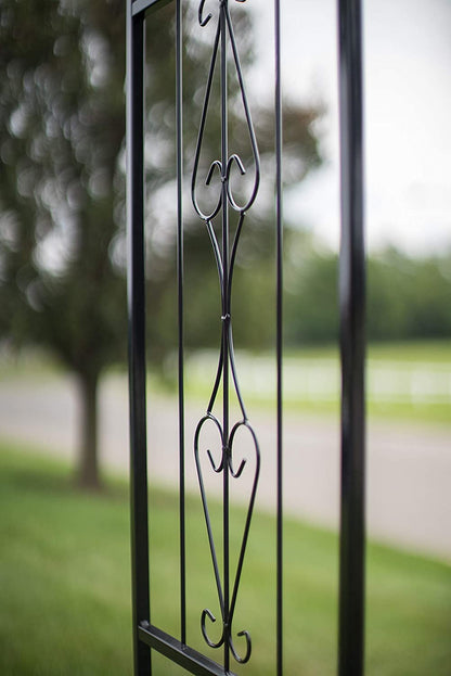 Black steel garden arbor arch in the outdoor lawn

Powder-coated metal trellis arch with decorative side panels

77-inch outdoor wedding arch for garden ceremonies

Steel arbor for roses and climbing vines

Decorative garden arch black steel frame assembled in the yard