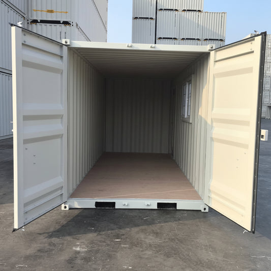 Gray 7FT steel office container with side door and windows
Interior view of 12FT jobsite office sea container
Office container unit with swing door and locking system
Plywood flooring inside portable office container
Security window with locking bar on steel sea container