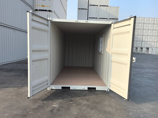 Gray 7FT steel office container with side door and windows
Interior view of 12FT jobsite office sea container
Office container unit with swing door and locking system
Plywood flooring inside portable office container
Security window with locking bar on steel sea container