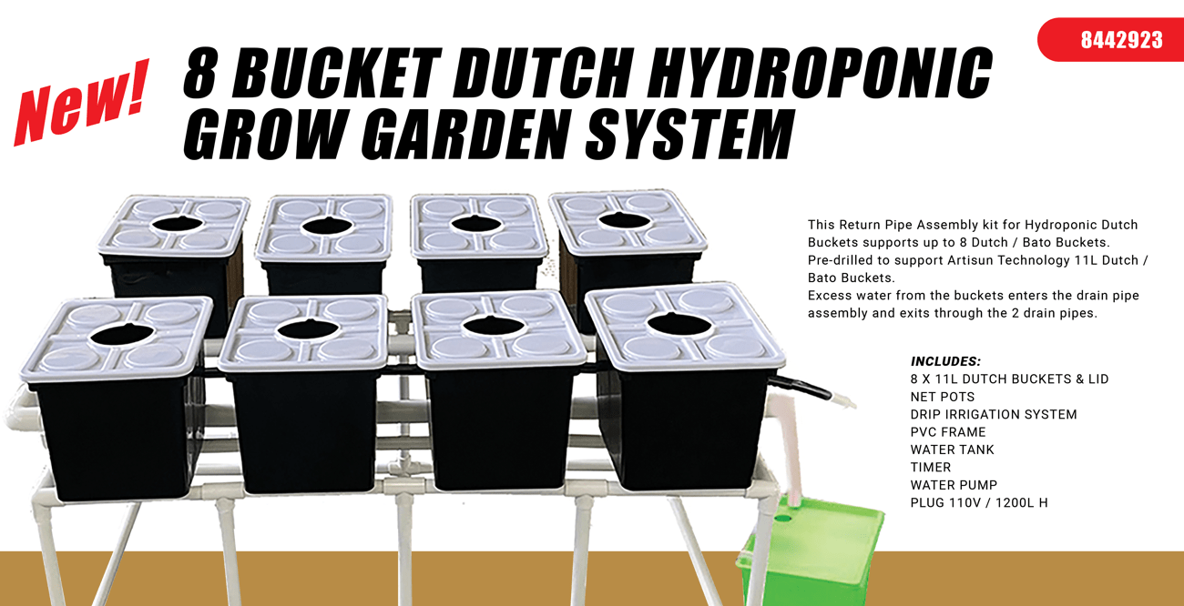 8-bucket hydroponic grow system with white reservoirs

Complete Dutch hydroponic system with tubing and connectors

Top-down view of full hydroponic garden kit setup

Multiple buckets connected in a hydroponic loop system

Dutch hydroponic grow kit displayed on white background
