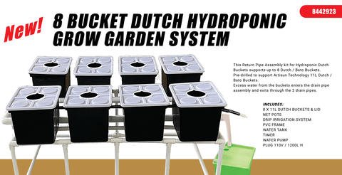 8-bucket hydroponic grow system with white reservoirs

Complete Dutch hydroponic system with tubing and connectors

Top-down view of full hydroponic garden kit setup

Multiple buckets connected in a hydroponic loop system

Dutch hydroponic grow kit displayed on white background