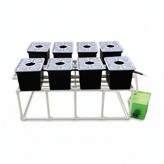 8-bucket hydroponic grow system with white reservoirs

Complete Dutch hydroponic system with tubing and connectors

Top-down view of full hydroponic garden kit setup

Multiple buckets connected in a hydroponic loop system

Dutch hydroponic grow kit displayed on white background