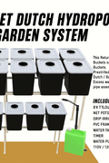8-bucket hydroponic grow system with white reservoirs

Complete Dutch hydroponic system with tubing and connectors

Top-down view of full hydroponic garden kit setup

Multiple buckets connected in a hydroponic loop system

Dutch hydroponic grow kit displayed on white background