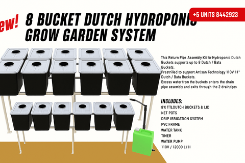 8-bucket hydroponic grow system with white reservoirs

Complete Dutch hydroponic system with tubing and connectors

Top-down view of full hydroponic garden kit setup

Multiple buckets connected in a hydroponic loop system

Dutch hydroponic grow kit displayed on white background