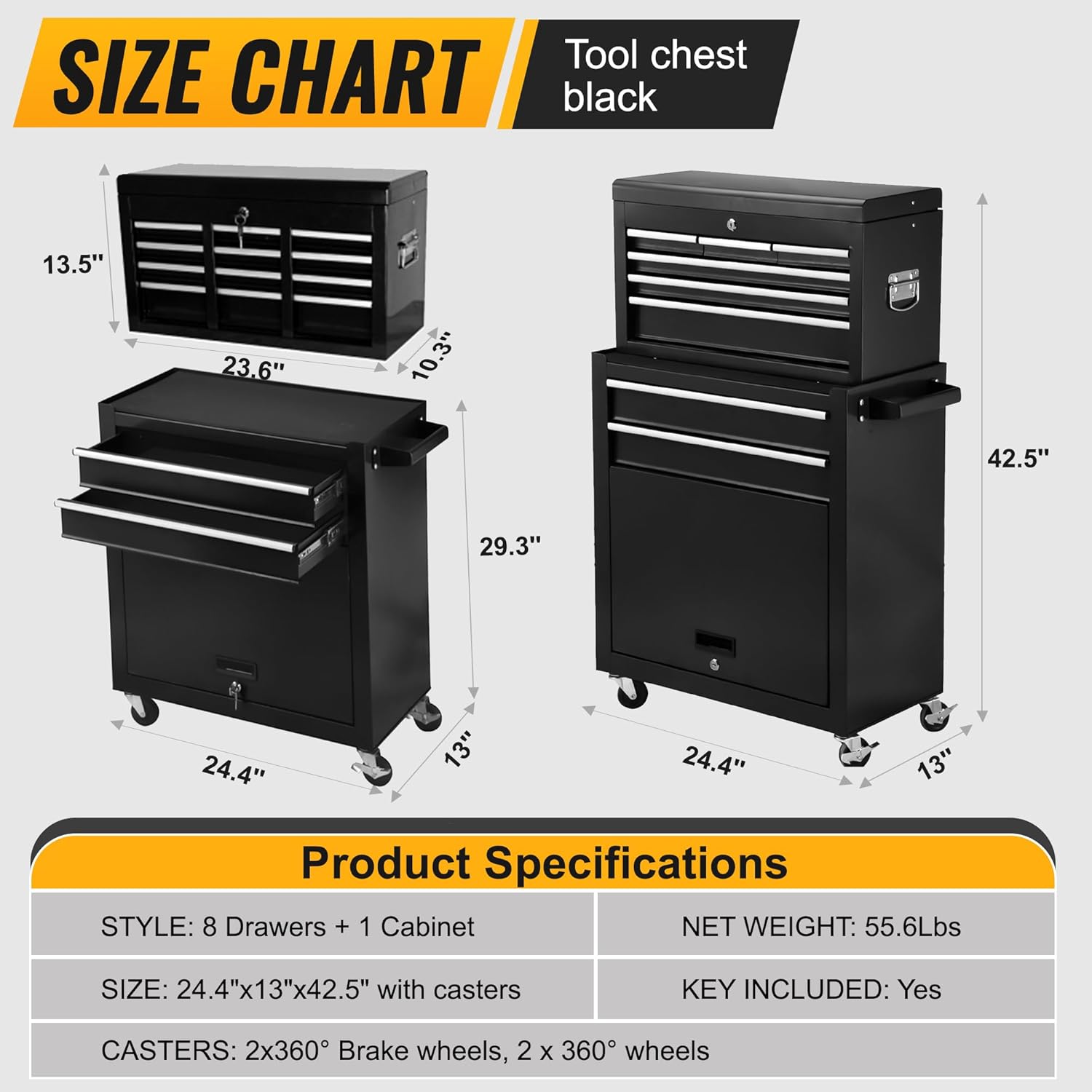 Black 8-drawer rolling tool chest with lock and wheels
Heavy-duty metal tool cabinet with detachable top chest
Garage storage cabinet with secure locking and spacious drawers