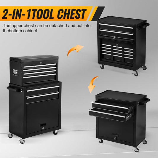 Black 8-drawer rolling tool chest with lock and wheels
Heavy-duty metal tool cabinet with detachable top chest
Garage storage cabinet with secure locking and spacious drawers