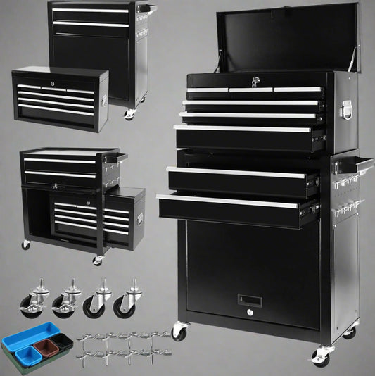 Black 8-drawer rolling tool chest with lock and wheels
Heavy-duty metal tool cabinet with detachable top chest
Garage storage cabinet with secure locking and spacious drawers