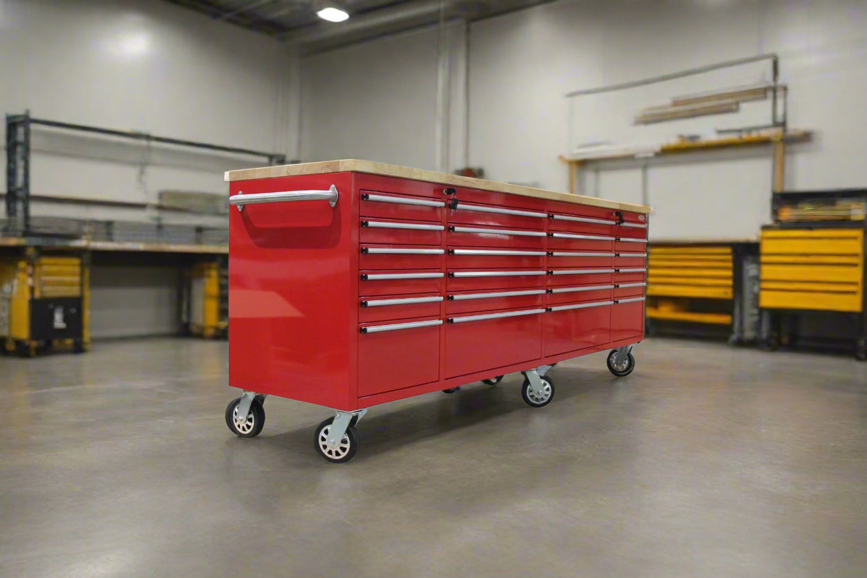 8FT Fatboy industrial tool bench with drawers and USB ports
Heavy-duty 24-drawer tool bench with stainless steel finish
Workshop organization tool bench with hardwood top
Mobile workbench with caster wheels and lockable drawers